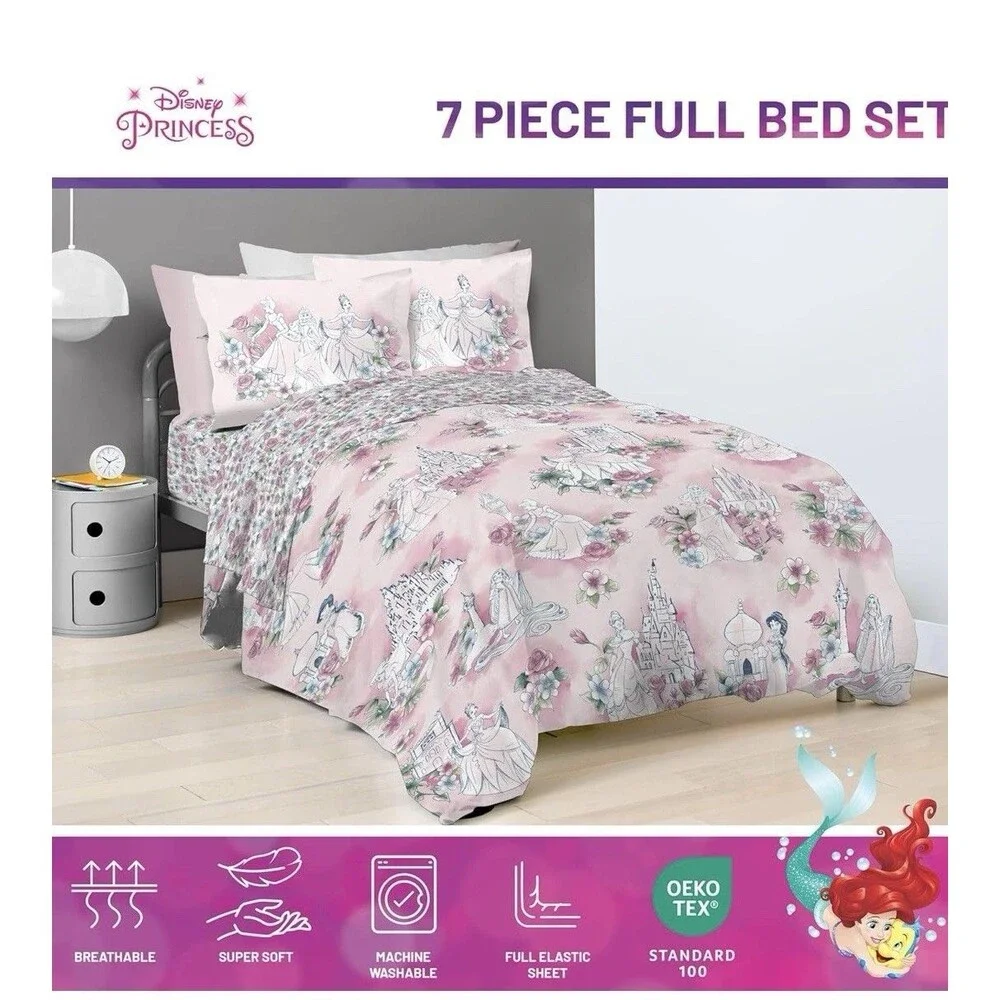 Kids' Pink Princess Comforter Set with Castle & Floral Motifs